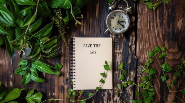 Save the date notebook with clock on wooden background photo