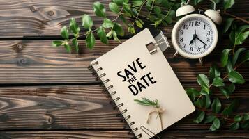 Save the date text on notebook with clock and green leaves photo