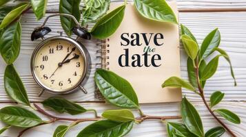Save the date concept with clock and green leaves on wooden background photo