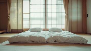 Two pillows are sitting on a bed in front of a window photo