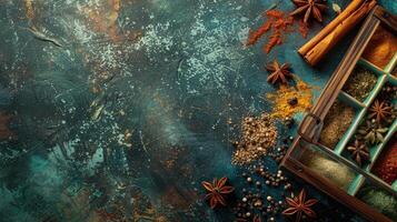 Spices and spices on a blue background photo