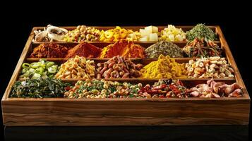 A wooden box filled with various spices photo