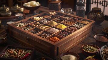 A wooden box filled with various spices and herbs photo