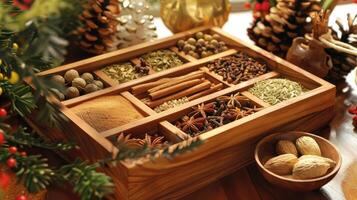 A wooden box with spices and nuts on a table photo