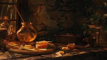 A scene with a jar of honey and a jar of honey photo