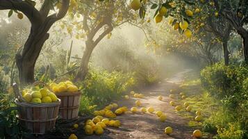 Lemon trees in the garden with baskets of lemons photo