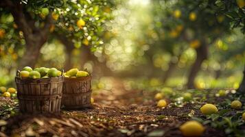 Lemon trees in an orchard with baskets of lemons photo