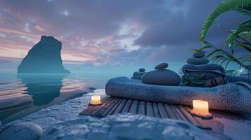 A scene with a stone bench and candles on it photo