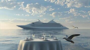 A table with a cruise ship in the background photo