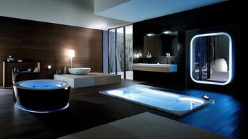A bathroom with a bathtub and a sink photo