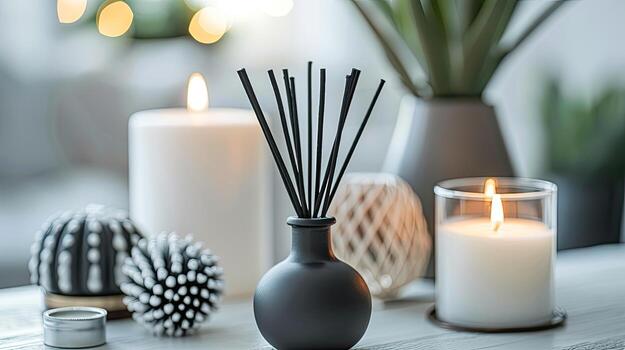 Candles, candles and a vase of candles sit on a table photo