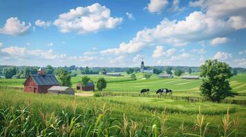 Farm with cows and barn on a green field photo