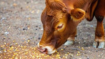 A cow eating corn on the ground photo