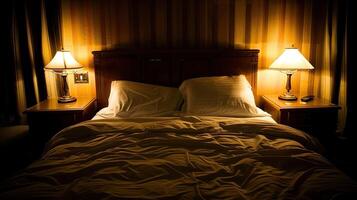 A bed with a headboard and two lamps photo