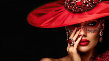 A woman in a red hat and jewels photo