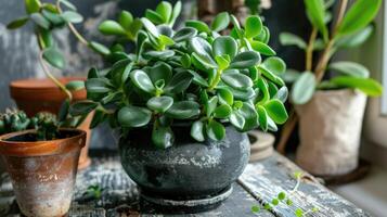 A potted plant sits on a wooden table photo