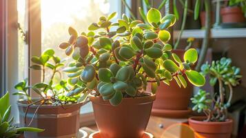 A group of plants in pots on a windowsill photo
