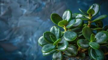 A potted plant with green leaves on a blue background photo
