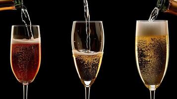 Four glasses of champagne being poured into each other photo