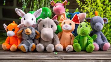 A group of stuffed animals sitting on a wooden table photo