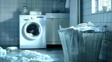 A laundry basket with dirty clothes in it photo
