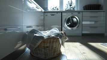 A basket of laundry sitting on the floor next to a washing machine photo