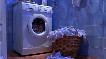 A washer and a basket of clothes in a bathroom photo