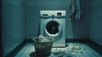 A dirty laundry basket sits next to a washing machine photo
