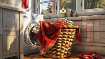 A wicker basket with towels and a washing machine photo