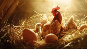 Chicken and eggs in a nest photo