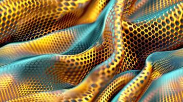 A close up of a fabric with a pattern of yellow and blue photo