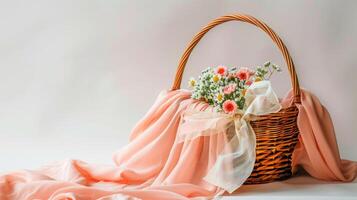 Basket with flowers and pink cloth on white background photo