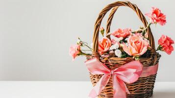 A wicker basket with pink flowers and a pink ribbon photo