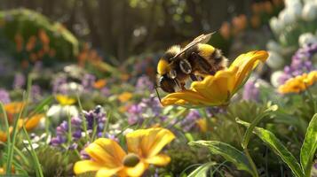 A bee is sitting on a flower in a field photo