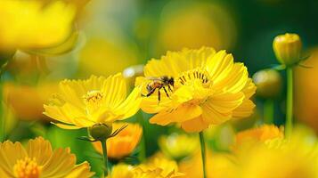 A bee is on a yellow flower photo