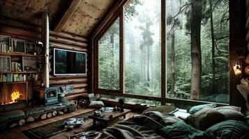 A living room with a fireplace and a window looking out into the forest photo