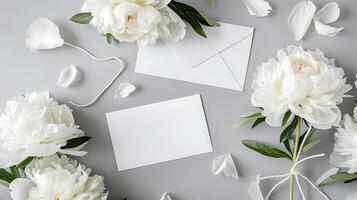 White flowers and envelopes on a gray background photo