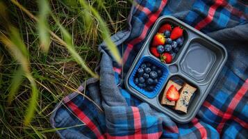 A picnic lunch on a blanket with fruit and crackers photo