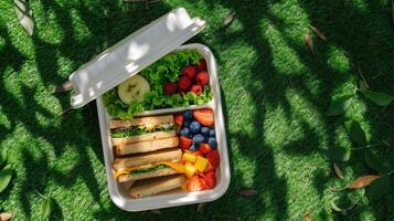 A lunch box with sandwiches, fruit and vegetables photo