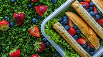 A tray of hot dogs, strawberries and blueberries photo