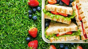 A lunch box with sandwiches and berries on grass photo