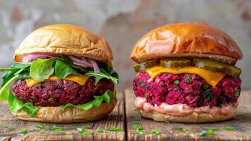 Two burgers with cheese, lettuce and other toppings photo