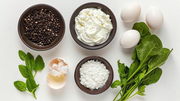 Ingredients for spinach and eggs on a white surface photo