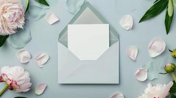 An open envelope with a blank card and flowers on a blue background photo