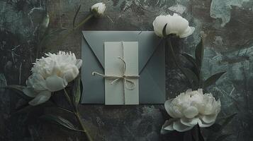 White flowers and envelope on a dark background photo