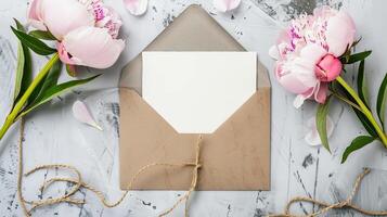 An envelope with a blank paper and pink flowers on a gray background photo