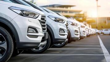 A row of white cars parked in a parking lot photo