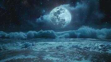 A full moon over the ocean with waves and stars photo