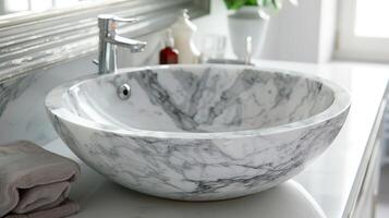 A marble sink sitting on a counter top photo