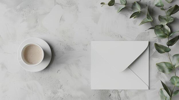 White envelope with coffee and eucalyptus leaves on a grey background photo